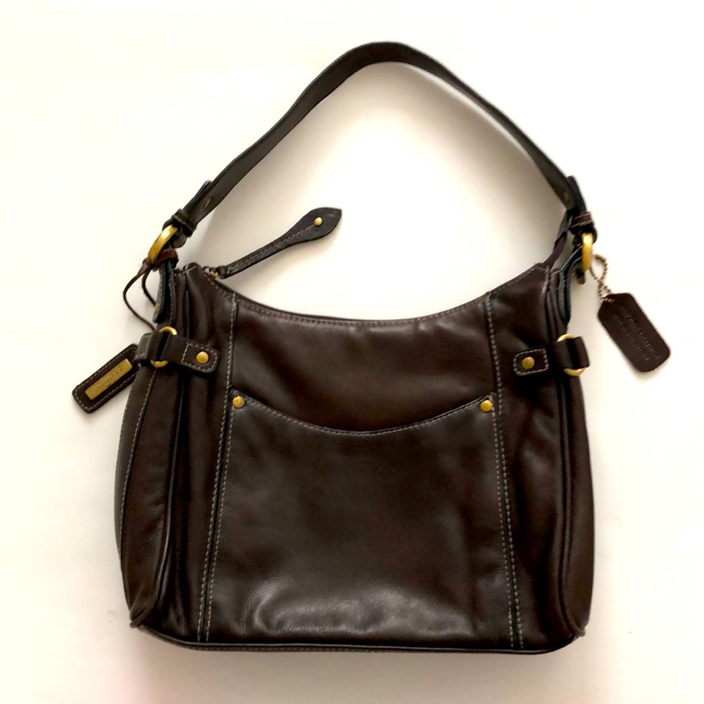 East5th Brown Leather Shoulder Bag Purse Gold Hardware Pockets Zipper Excellent